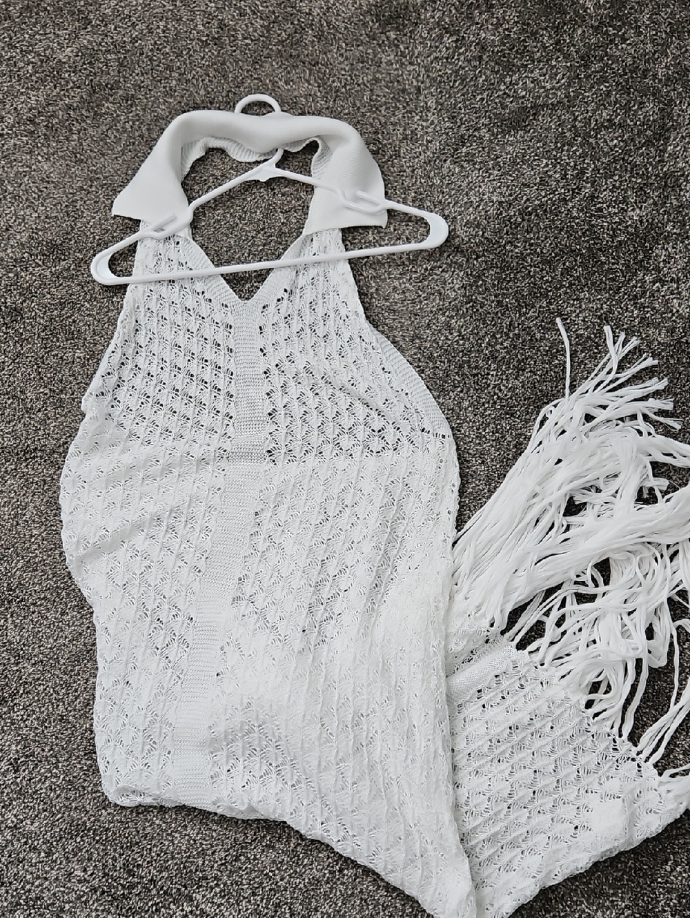 White Crochet Halter Top Collared Dress with Fringe